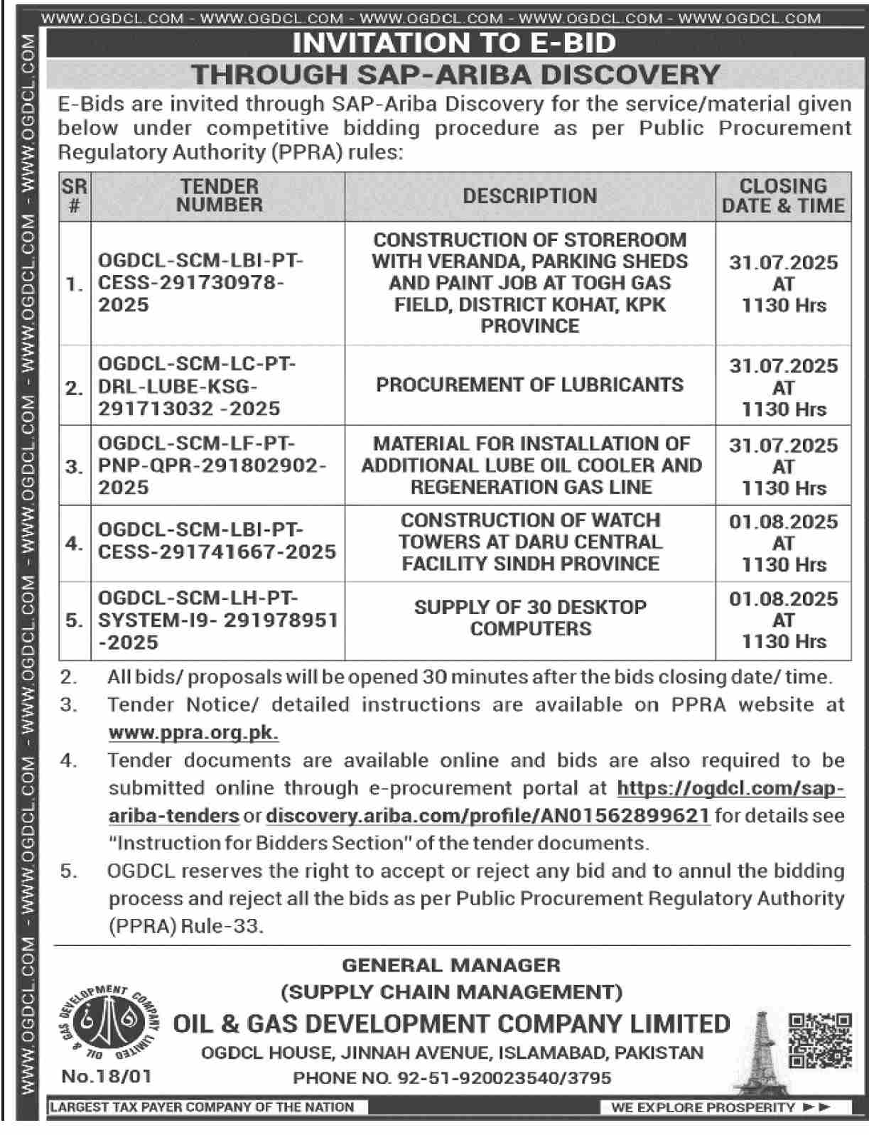 Oil & Gas Development Company Limited Islamabad Tender Notice-1